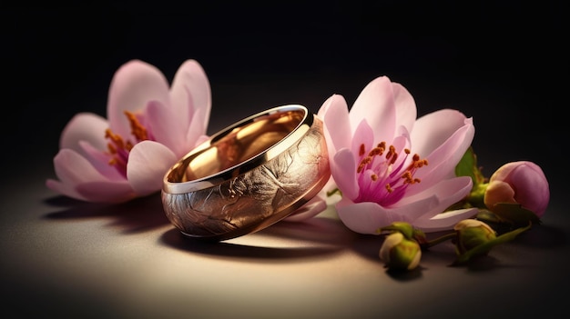 Los anillos de boda de una pareja descansan sobre flores con una flor rosa en el fondo.