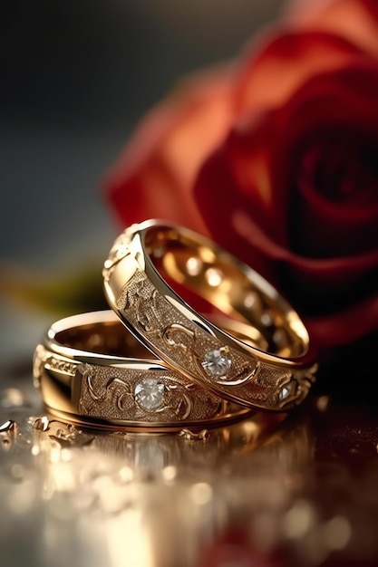 Los anillos de boda de una pareja con una rosa al fondo