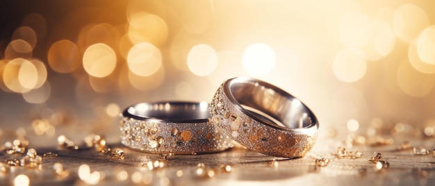 Anillos de boda con plata y oro sobre fondo bokeh al estilo de purpurina y polvo de diamante Foto de cierre con espacio de copia para texto