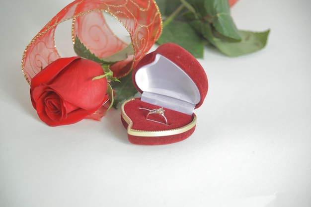 Anillos de boda y rosa roja sobre fondo blanco foto con espacio de copia