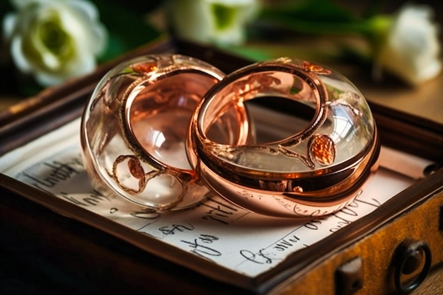 Foto anillos de boda con rosas en caja blanca en forma de corazón