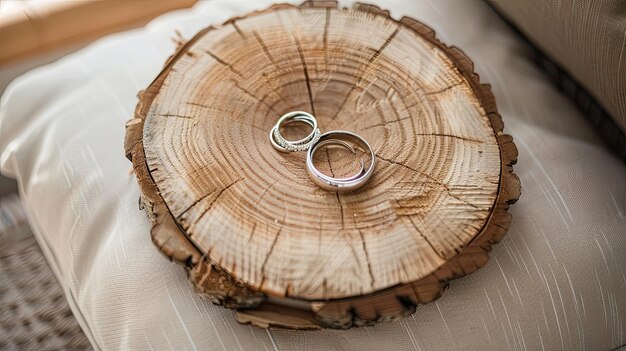 Anillos de boda en una tableta de madera rústica para los portadores de anillos Regalos de joyería de matrimonio Envases de vacaciones Arco concepto de imagen publicitaria para tiendas de joyerías Generado por AI