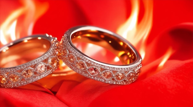 Anillos de bodas de amor ardiente fotografía en habitación interior y hora de oro IA generativa