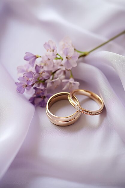 Los anillos de bodas de amor de lilas descansando en una tela suave