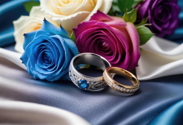 Foto los anillos de bodas colocados delicadamente en una cama de seda rodeada de elegantes rosas