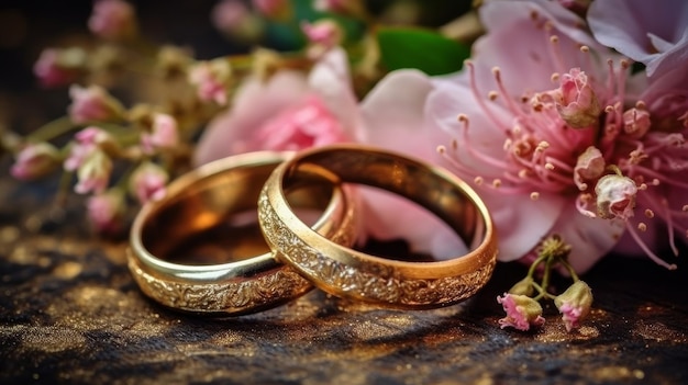 Anillos de bodas colocados entre flores delicadas generadas por la IA