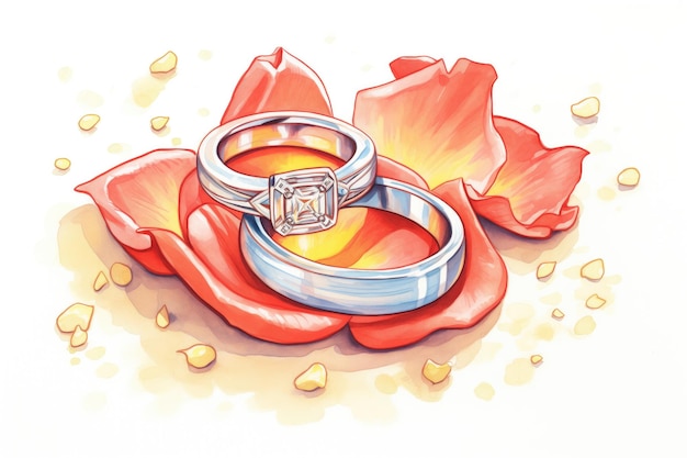 Foto los anillos de bodas descansando en un pétalo de rosa roja