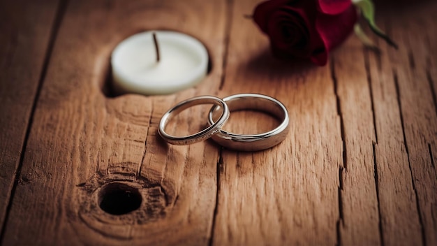 Foto anillos de bodas en un fondo de madera