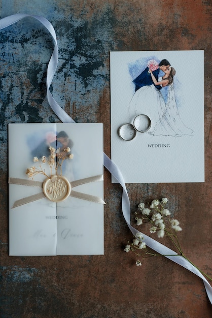 Foto anillos de bodas de oro con una boda de invitación.