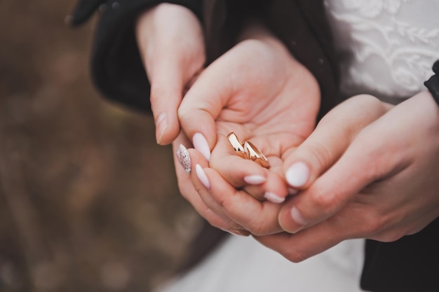 Anillos de bodas de oro en las palmas de la novia y el novio 2661