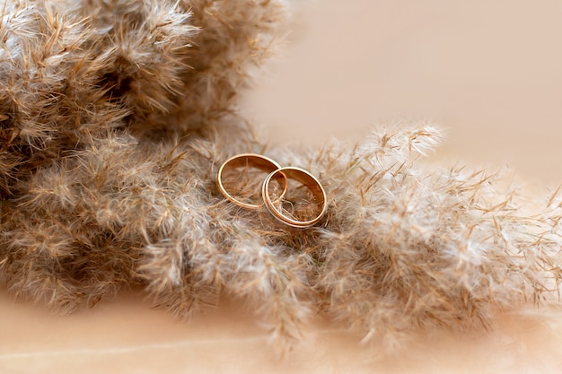 Anillos de bodas de oro en la pared de mármol. Se casó compromiso.