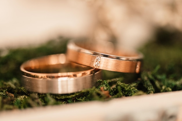 Anillos de bodas de oro símbolos de boda atributos celebración navideña concepto boda detalles familia feliz juntos marr