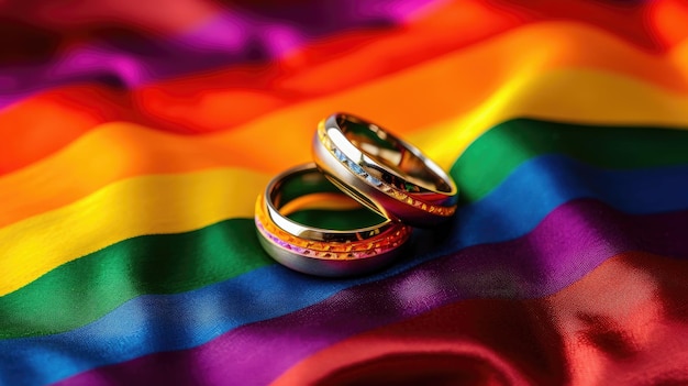 Anillos de bodas en tela arco iris de cerca foto de alta calidad