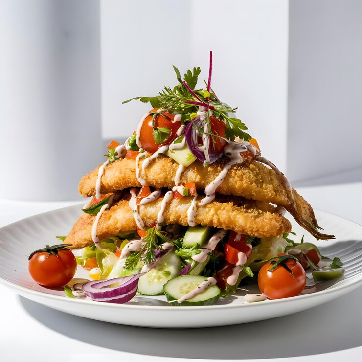 Anillos de calamar fritos con ensalada y limón en un plato