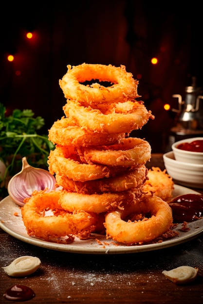 Anillos de cebolla fritos en un plato Foco selectivo