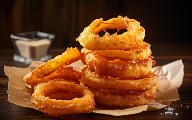 Foto anillos de cebolla en la mesa delicias fritas