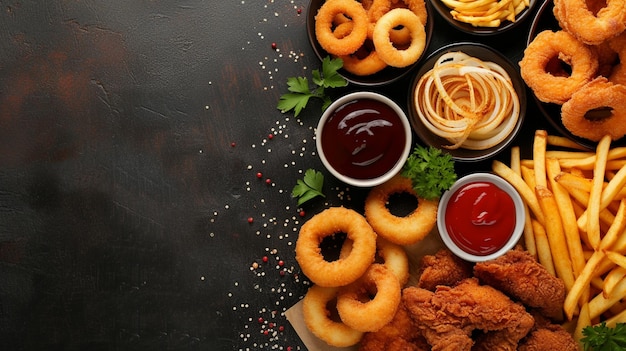 anillos de cebolla patatas fritas y pollo frito en la mesa oscura vista generativa Ai