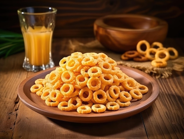 Foto anillos de cereales en una mesa de madera desayuno arroz bucles de maíz cereales de bocadillo en un fondo rústico ilustración generativa de ia