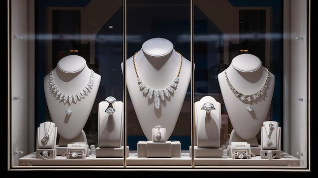 Anillos y collares de diamantes de joyería se exhiben en vitrinas de tiendas minoristas de lujo