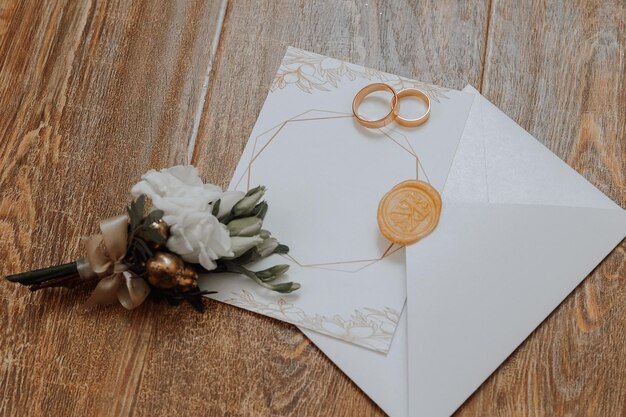 Foto anillos de compromiso de la novia, stiletos, perfumes, detalles de la boda de la novia, flores, un hermoso vestido de novia ligero.