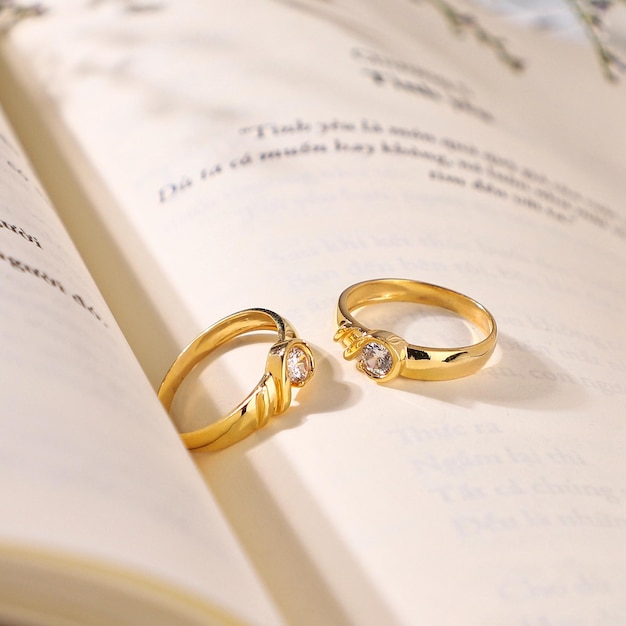 Los anillos de diamantes de bodas de oro yacen en el libro