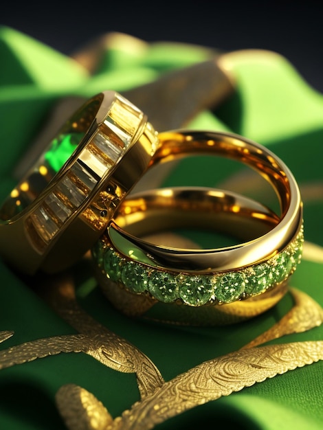 anillos de diamantes de pareja de oro renderizado 3d colocado sobre tela verde