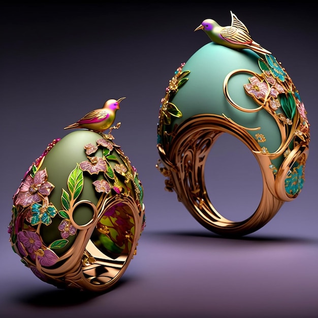 Anillos dorados en forma de huevo de pájaro, joyería de lujo, renderizado 3D, estilo de fantasía, imagen generada por IA.