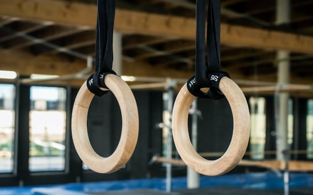 Foto anillos de madera suspendidos para gimnasia y crossfit