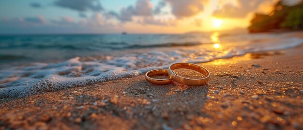 Anillos de matrimonio en la playa Una puesta de sol a lo largo del agua