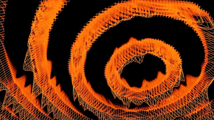 Foto anillos de onda con ondas de malla cibernética diseño grilla virtual con vibraciones y ondas se mueve en anillos grillas de onda en círculos móviles sobre fondo negro