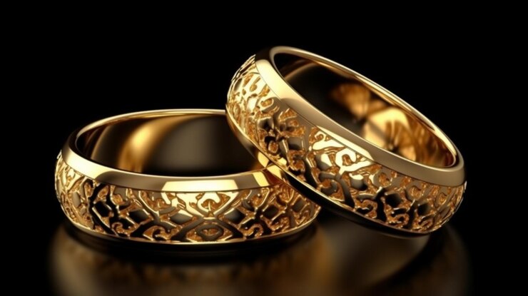 Anillos de oro de boda en un ai generativo de fondo negro