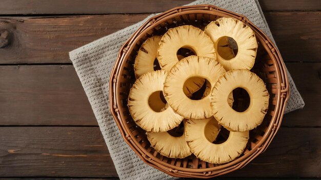 Foto anillos de piña secos en una canasta de mimbre en una toalla de cocina