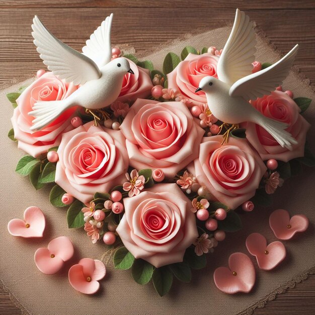 Anillos de rosas de paloma y elementos de bodas de corazón para el diseño de plantillas de redes sociales