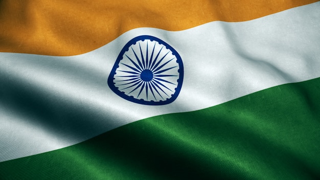 Foto animação 3d da bandeira da índia. realistic india flag acenando no vento.