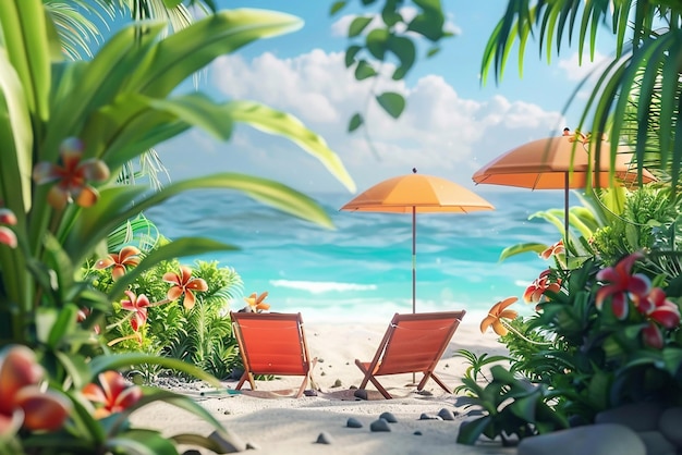 Animação 3D de praia tropical com acessórios de fundo de férias de verão