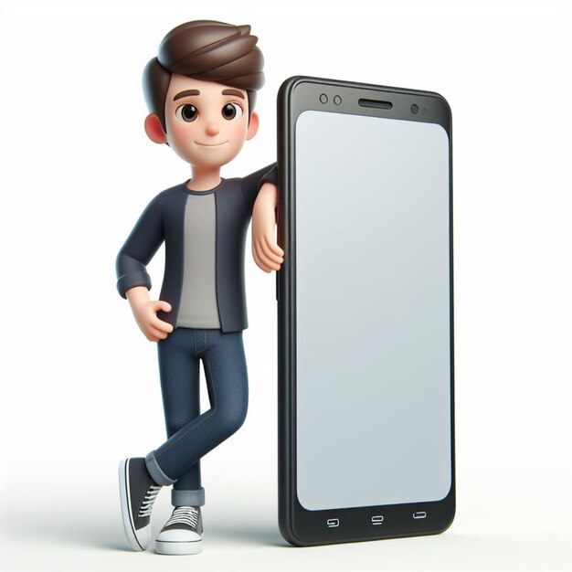Foto animação 3d de um homem de pé apoiado em um grande telefone celular