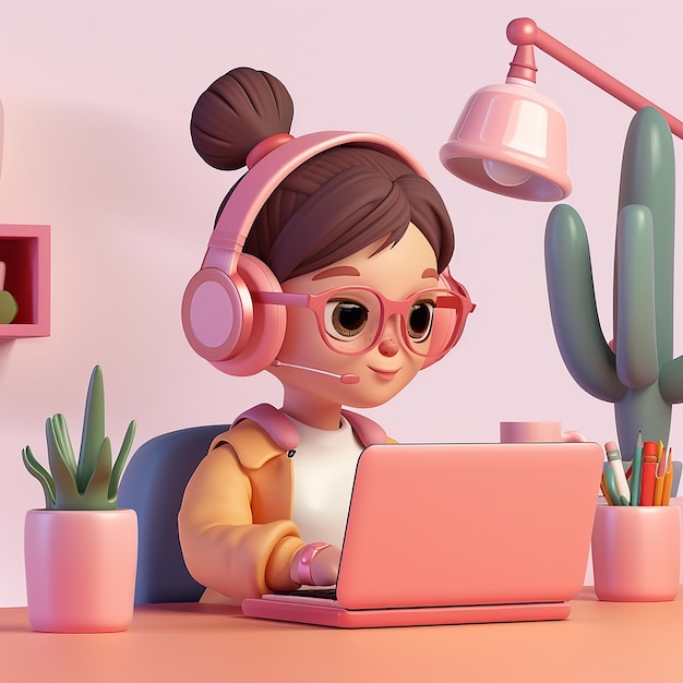 Animação 3D Jovem garota estudando on-line
