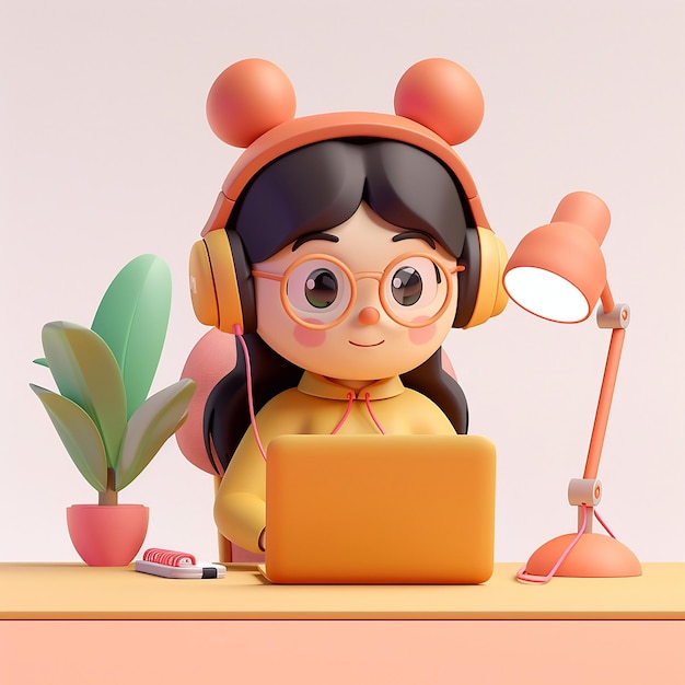 Animação 3D Jovem garota estudando on-line