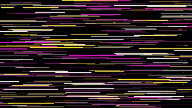Animação abstrata de raios neon brilhantes de diferentes tamanhos voando horizontalmente no preto