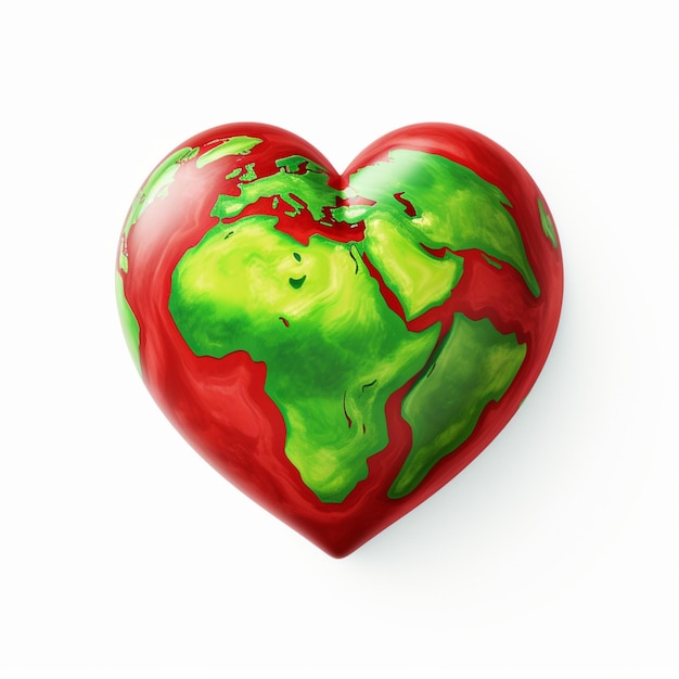 animação de desenho animado de terra verde na forma de amor vermelho em um fundo branco