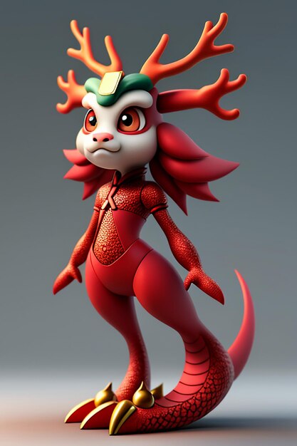 Animação de desenho animado Dragão Chinês Bebê Antropomórfico Renderização 3D Personagem Modelo Figura Produto