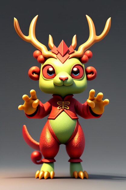 Animação de desenho animado Dragão Chinês Bebê Antropomórfico Renderização 3D Personagem Modelo Figura Produto