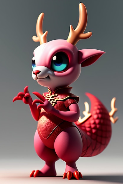 Animação de desenho animado Dragão Chinês Bebê Antropomórfico Renderização 3D Personagem Modelo Figura Produto