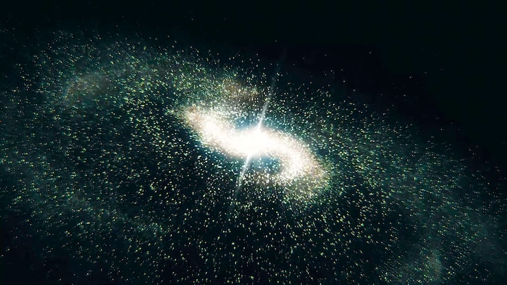Foto animação de exploração do espaço profundo de uma galáxia espiral rotativa no espaço com estrelas e nebulosa