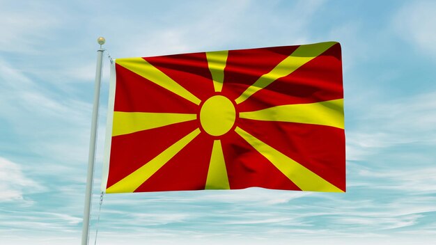 Animação de loop sem costura da bandeira da Macedônia em um fundo de céu azul. Ilustração 3D.