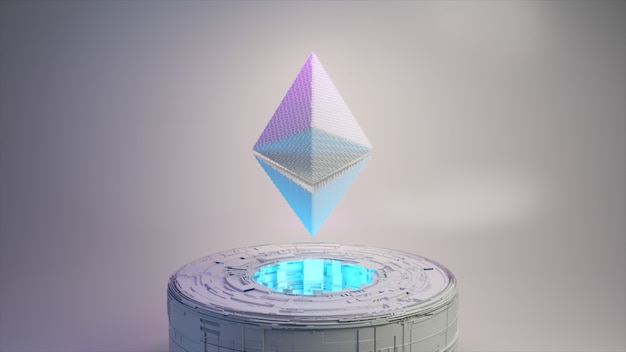 Animação de pixel do logotipo do símbolo da moeda ethereum com iluminação de néon. ilustração 3d da moeda ethereum