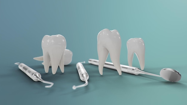 Animação de rotação de dentes saudáveis. Dentes com ferramentas dentárias. Conceito de escovação, cuidado e proteção contra a cárie. Cuidado bucal conceito