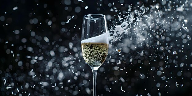 Animação de um copo de champanhe com confete branco caindo contra um fundo escuro Animação conceitual Copo de Champanhe Caindo Confete Fundo escuro