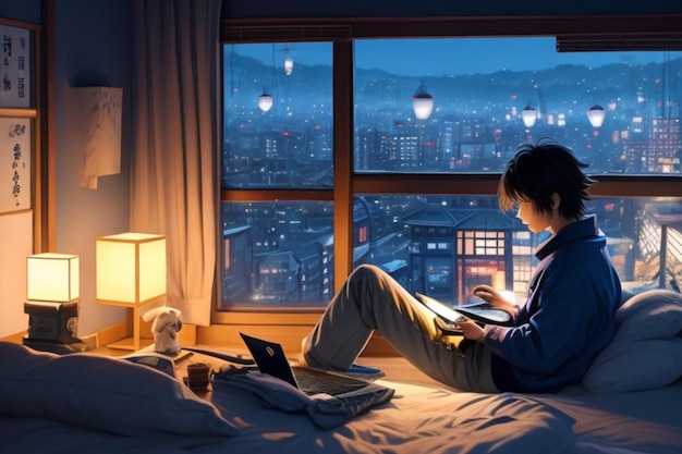 Animação de um homem usando um laptop com seu animal de estimação com vista para as luzes da cidade no inverno pela janela