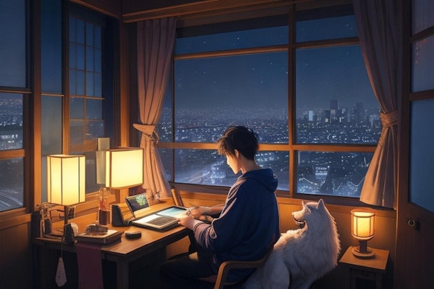 Animação de um homem usando um laptop com seu animal de estimação com vista para as luzes da cidade no inverno pela janela